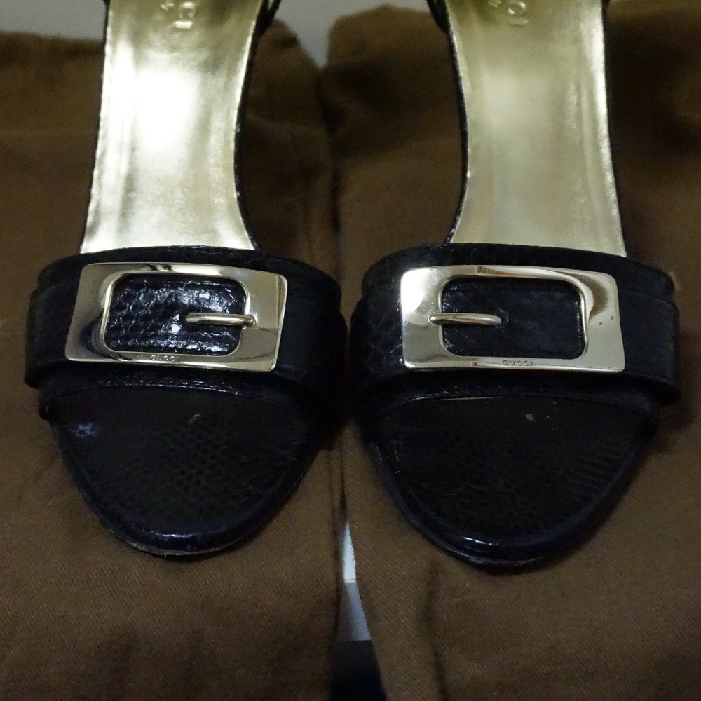 **Authentic** Gucci Black Python Leather Open Pump - image 4